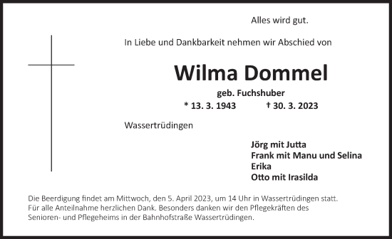 Traueranzeige von Wilma Dommel von Dinkelsbühl/ Feuchtwangen