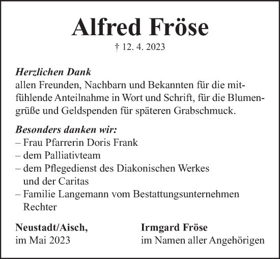 Traueranzeige von Alfred Fröse von Neustadt/ Scheinfeld/ Uffenheim