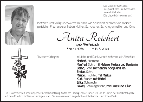 Traueranzeige von Anita  Reichert von Dinkelsbühl/ Feuchtwangen