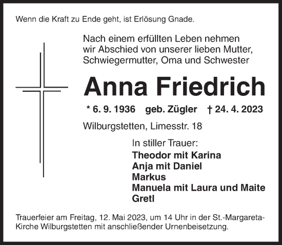 Traueranzeige von Anna Friedrich von Dinkelsbühl/ Feuchtwangen