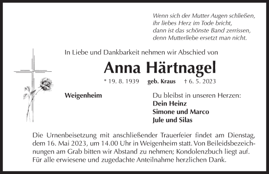 Traueranzeige von Anna Härtnagel von Neustadt/ Scheinfeld/ Uffenheim