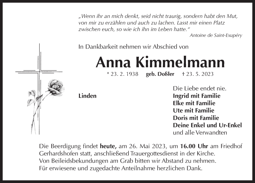  Traueranzeige für Anna Kimmelmann vom 26.05.2023 aus Neustadt/ Scheinfeld/ Uffenheim
