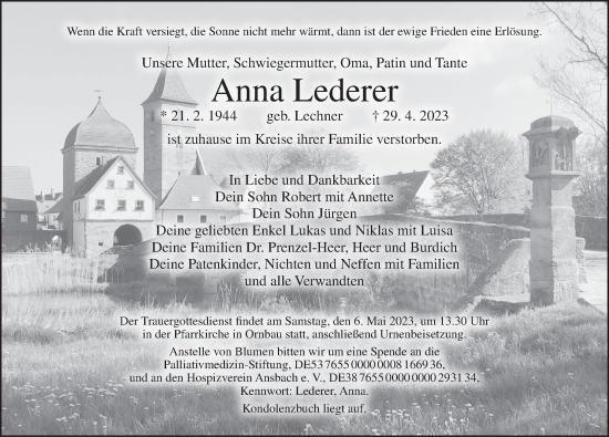 Traueranzeige von Anna Lederer von Ansbach