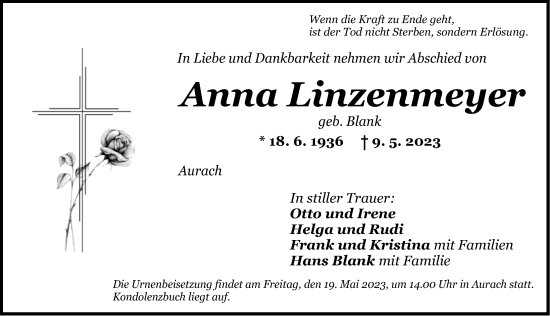 Traueranzeige von Anna Linzenmeyer von Ansbach