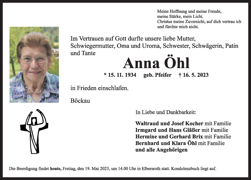  Traueranzeige für Anna Öhl vom 19.05.2023 aus Dinkelsbühl/ Feuchtwangen