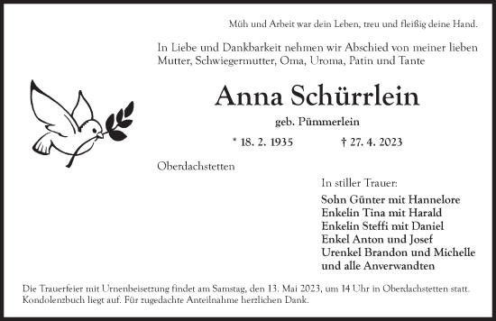 Traueranzeige von Anna Schürrlein von Ansbach