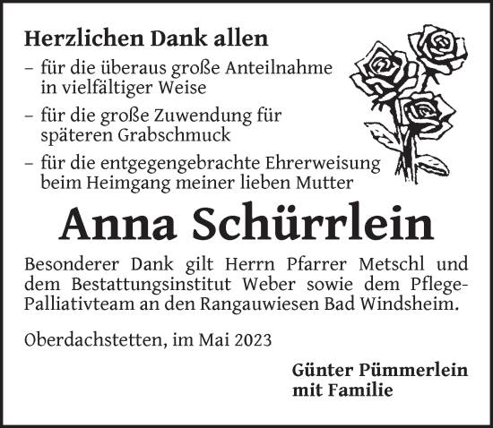 Traueranzeige von Anna Schürrlein von Ansbach