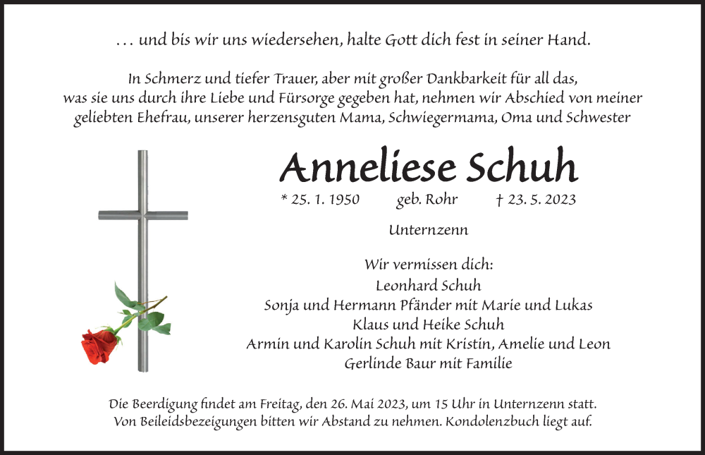  Traueranzeige für Anneliese Schuh vom 25.05.2023 aus Neustadt/ Scheinfeld/ Uffenheim