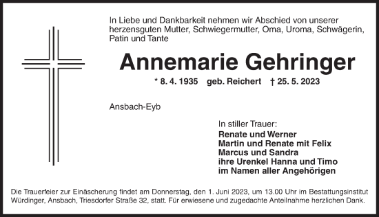 Traueranzeige von Annemarie Gehringer von Ansbach