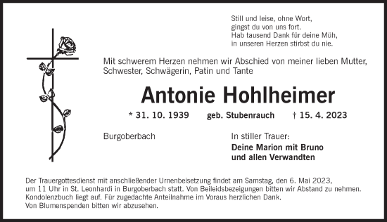 Traueranzeige von Antonie Hohlheimer von Ansbach