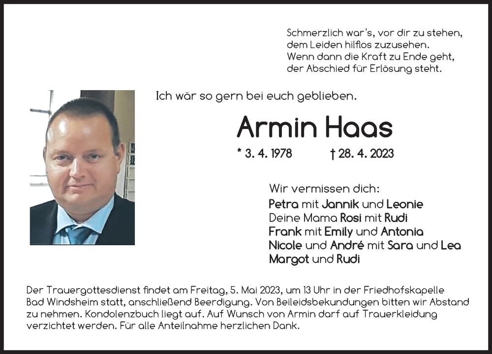  Traueranzeige für Armin Haas vom 03.05.2023 aus Neustadt/ Scheinfeld/ Uffenheim