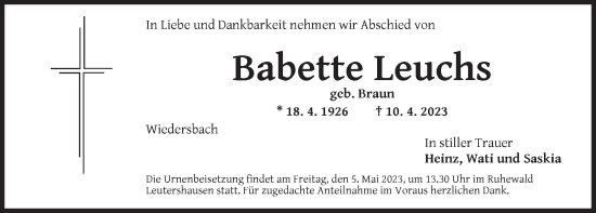 Traueranzeige von Babette Leuchs von Ansbach