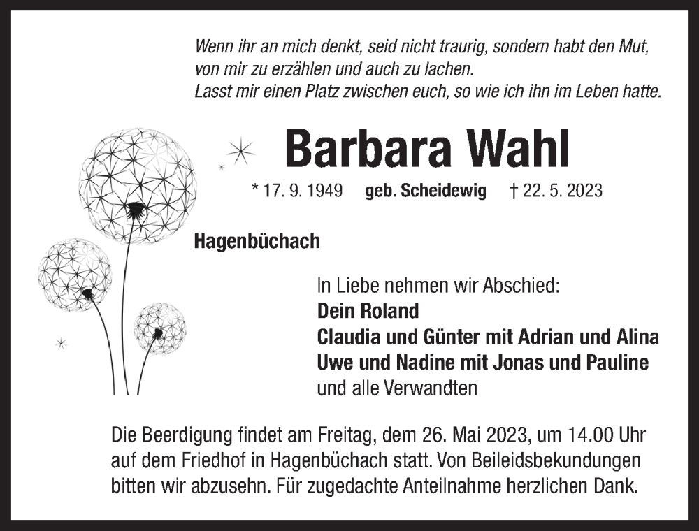  Traueranzeige für Barbara Wahl vom 25.05.2023 aus Neustadt/ Scheinfeld/ Uffenheim