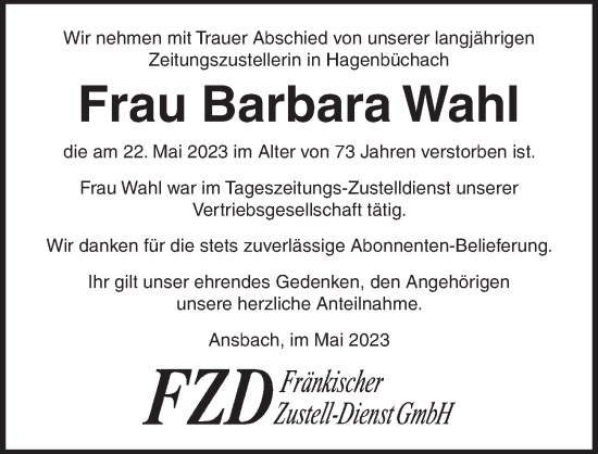 Traueranzeige von Barbara Wahl von Neustadt/ Scheinfeld/ Uffenheim