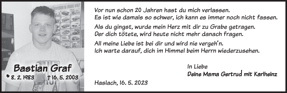  Traueranzeige für Bastian Graf vom 16.05.2023 aus Dinkelsbühl/ Feuchtwangen
