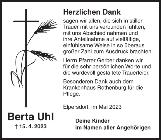 Traueranzeige von Berta Uhl von Ansbach