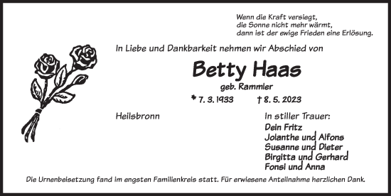 Traueranzeige von Betty Haas von Ansbach