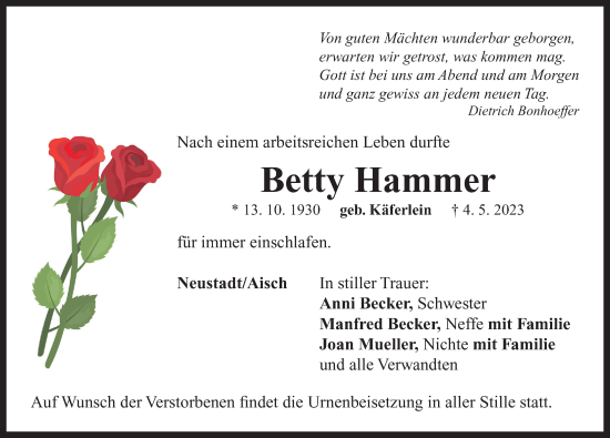 Traueranzeige von Betty Hammer von Neustadt/ Scheinfeld/ Uffenheim
