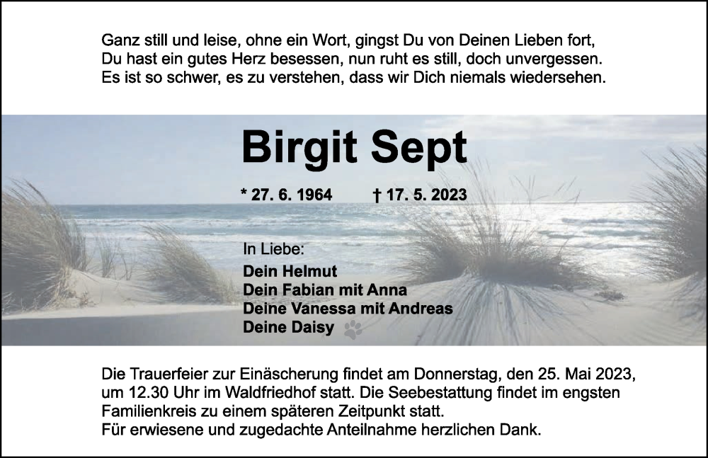  Traueranzeige für Birgit Sept vom 20.05.2023 aus Ansbach