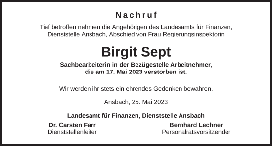Traueranzeige von Birgit Sept von Ansbach