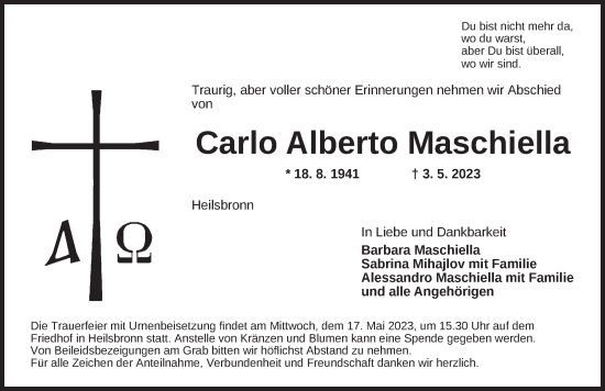 Traueranzeige von Carlo Alberto Maschiella von Ansbach