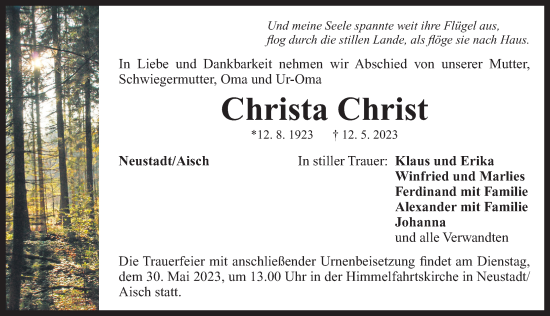 Traueranzeige von Christa Christ von Neustadt/ Scheinfeld/ Uffenheim