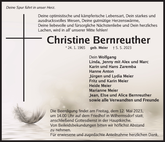 Traueranzeige von Christine Bernreuther von Neustadt/ Scheinfeld/ Uffenheim