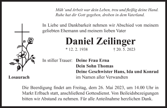 Traueranzeige von Daniel Zeilinger von Neustadt/ Scheinfeld/ Uffenheim