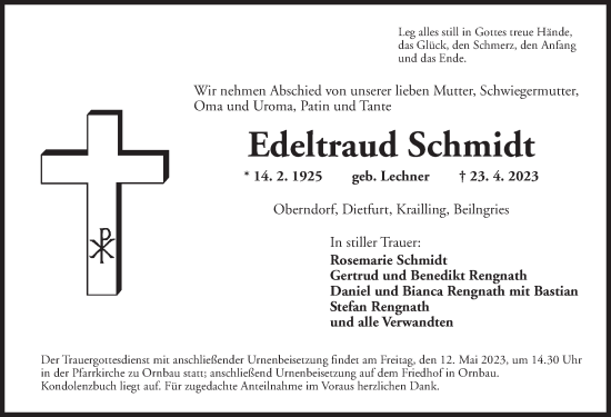 Traueranzeige von Edeltraud Schmidt von Ansbach