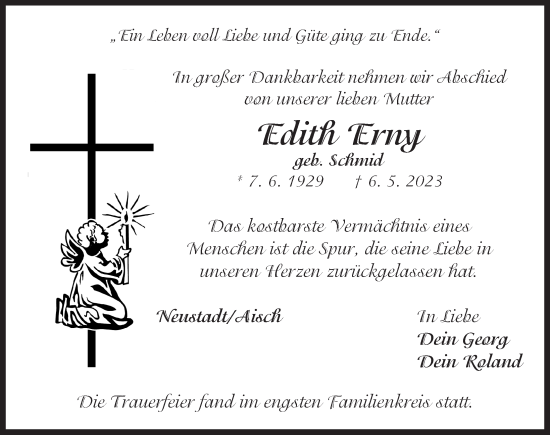 Traueranzeige von Edith Erny von Neustadt/ Scheinfeld/ Uffenheim