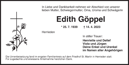 Traueranzeige von Edith Göppel von Ansbach