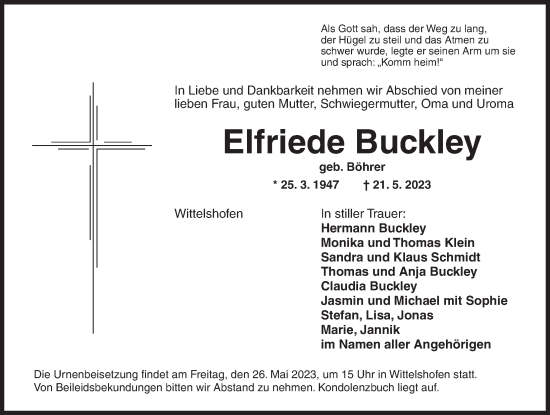 Traueranzeige von Elfriede Buckley von Dinkelsbühl/ Feuchtwangen