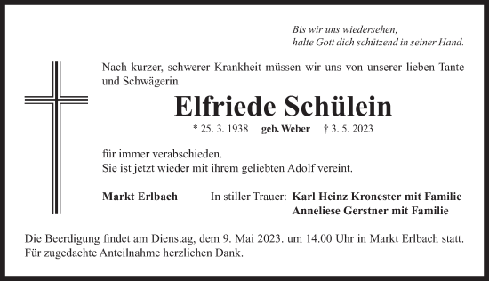 Traueranzeige von Elfriede Schülein von Neustadt/ Scheinfeld/ Uffenheim