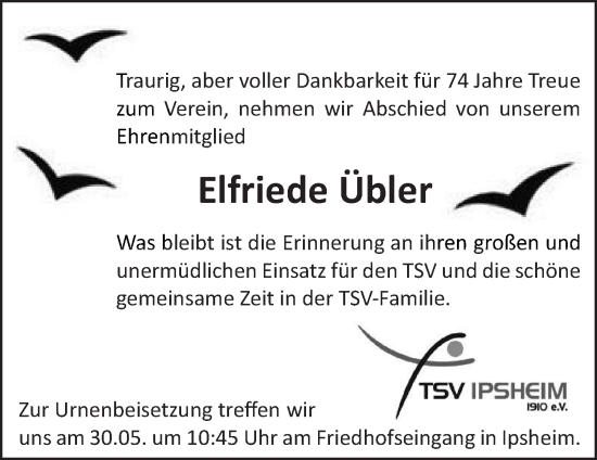 Traueranzeige von Elfriede Übler von Neustadt/ Scheinfeld/ Uffenheim