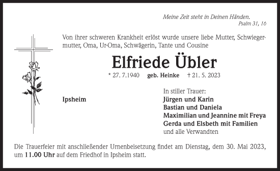 Traueranzeige von Elfriede Übler von Neustadt/ Scheinfeld/ Uffenheim