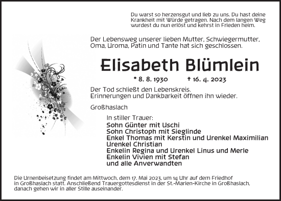 Traueranzeige von Elisabeth Blümlein von Ansbach