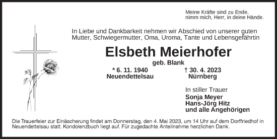 Traueranzeige von Elsbeth Meierhofer von Ansbach