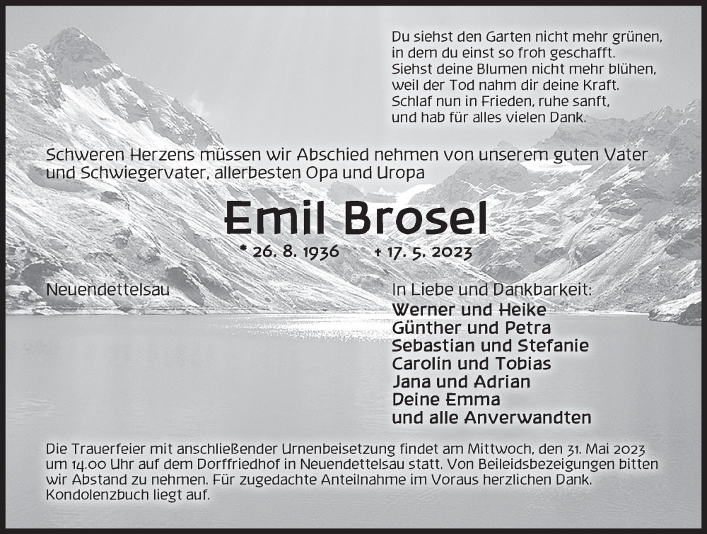 Traueranzeige für Emil Brosel vom 26.05.2023 aus Ansbach