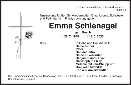 Traueranzeige von Emma Schienagel von Dinkelsbühl/ Feuchtwangen