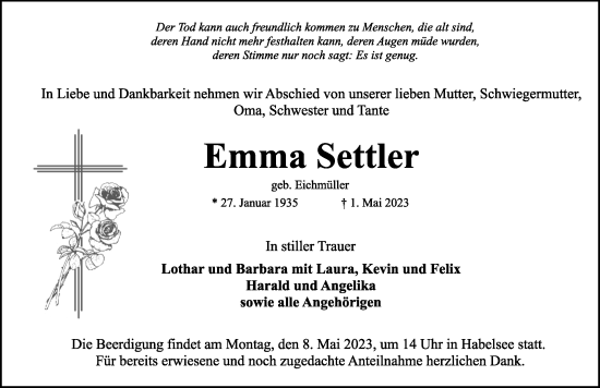 Traueranzeige von Emma Settler von Rothenburg