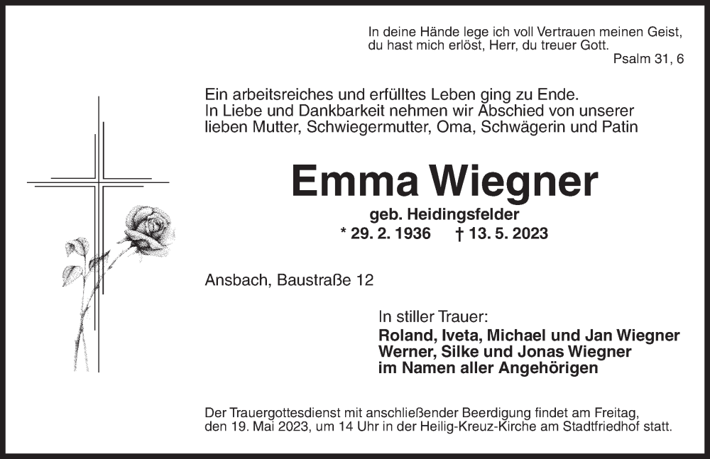 Traueranzeigen von Emma Wiegner | trauer.flz.de