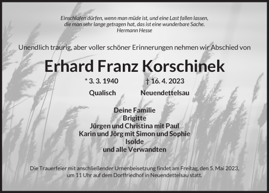 Traueranzeige von Erhard Franz Korschinek von Ansbach
