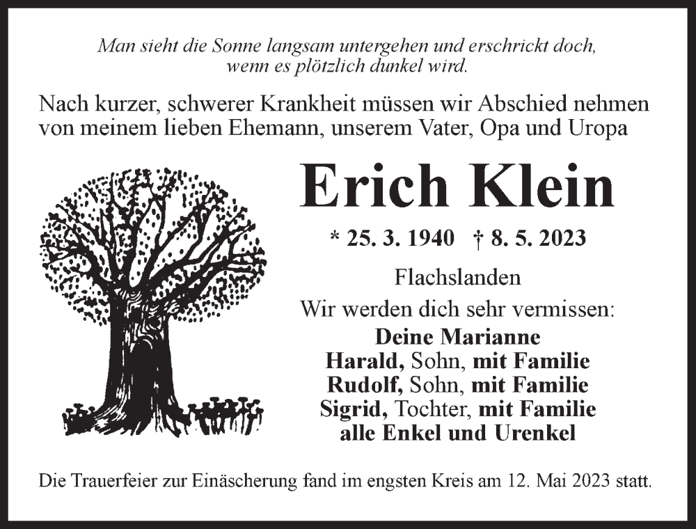  Traueranzeige für Erich Klein vom 13.05.2023 aus Ansbach