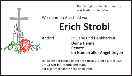 Traueranzeige von Erich Strobl von Ansbach