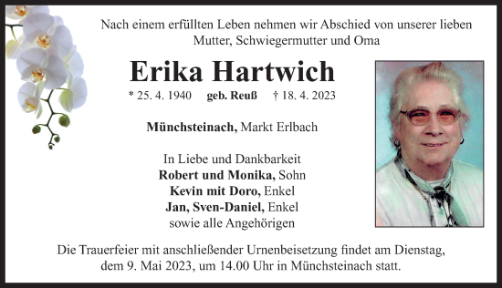 Traueranzeige von Erika Hartwich von Neustadt/ Scheinfeld/ Uffenheim