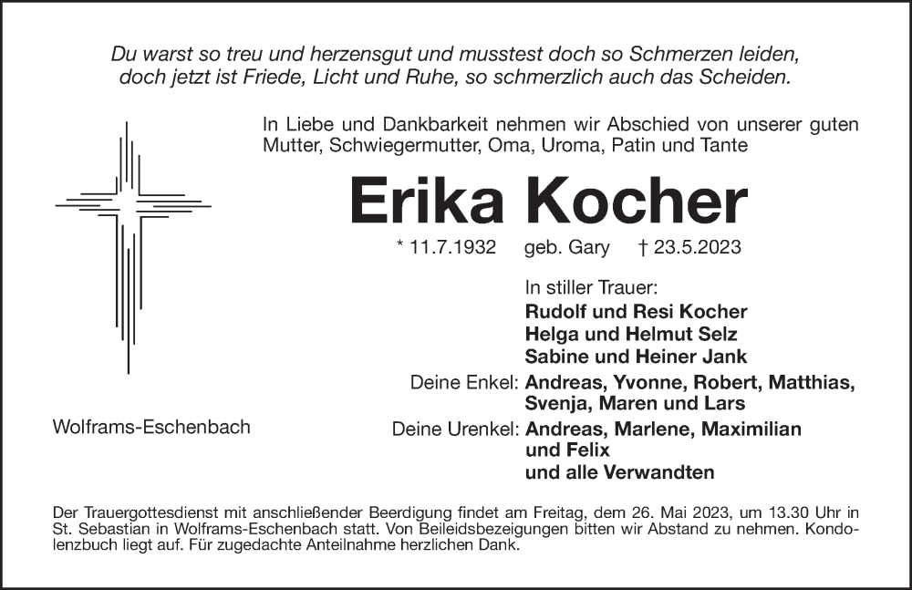  Traueranzeige für Erika Kocher vom 25.05.2023 aus Ansbach