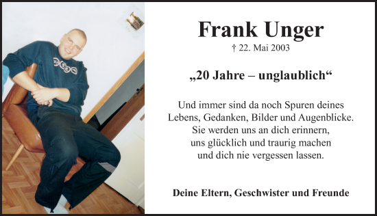 Traueranzeige von Frank Unger von Neustadt/ Scheinfeld/ Uffenheim
