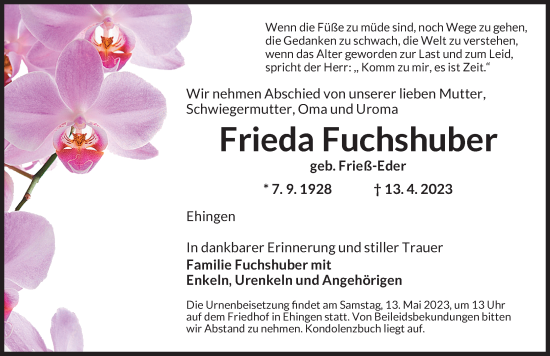 Traueranzeige von Frieda Fuchshuber von Dinkelsbühl/ Feuchtwangen