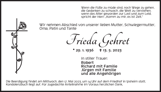 Traueranzeige von Frieda Gehret von Neustadt/ Scheinfeld/ Uffenheim