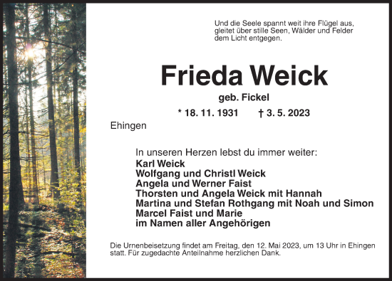 Traueranzeige von Frieda Weick von Dinkelsbühl/ Feuchtwangen